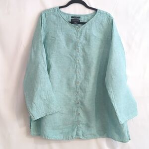 Tahari Pale Green 100% Linen Button-up Shirt - Roll Tab. Collarless Size 2X